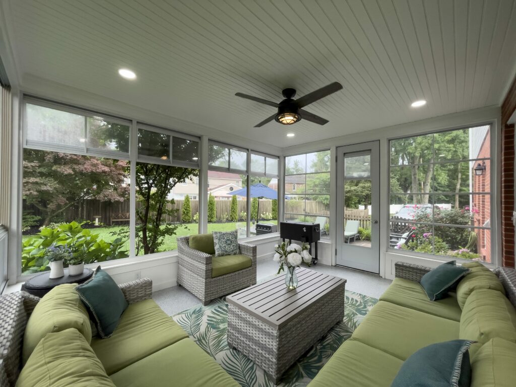 Porch with slate floor and french doors