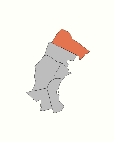 A simple map illustration with regions highlighted. One region is shaded in orange, while the others are in gray. The boundaries create distinct shapes, indicating different areas. No labels or additional details are shown.