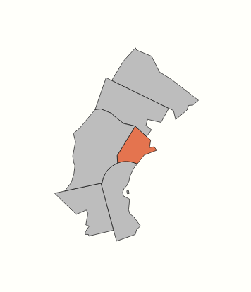 Map highlighting one district in orange within a larger region shaded in gray. The highlighted district is centrally located, while the surrounding areas encompass various geometric shapes. The map has no labels or other identifying details.