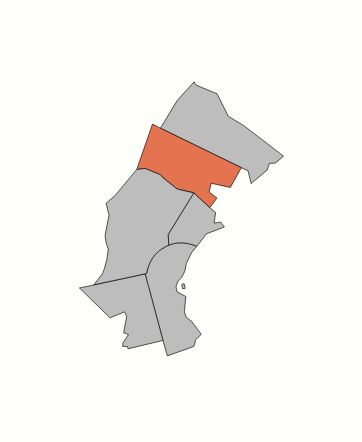 A map highlighting an orange section within a fragmented grey region. The orange segment is located in the upper central area of the map, surrounded by various irregular shapes in grey.