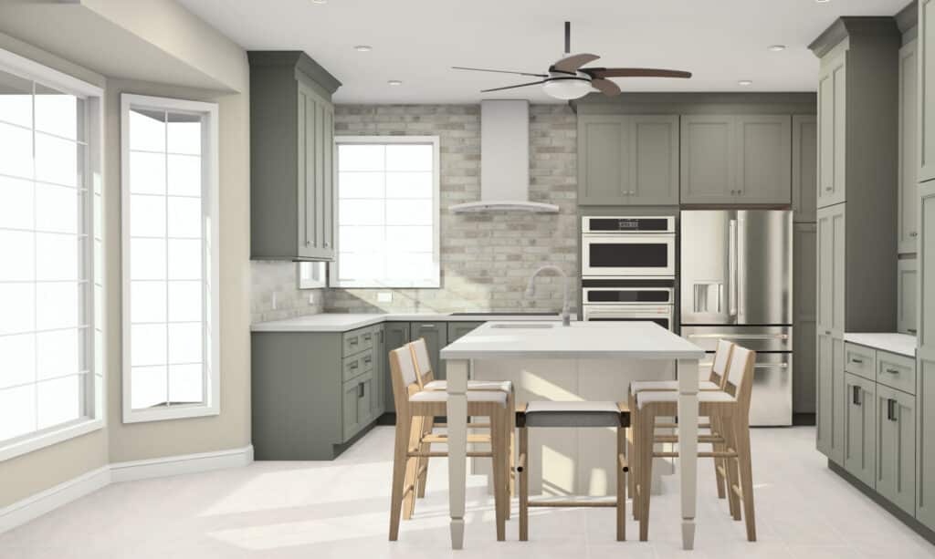Photo-3 Modern kitchen with sage green cabinets, stainless steel appliances, an island with a white countertop, four wooden chairs, large windows, and a ceiling fan with lights. Brick-style backsplash adds a rustic touch.