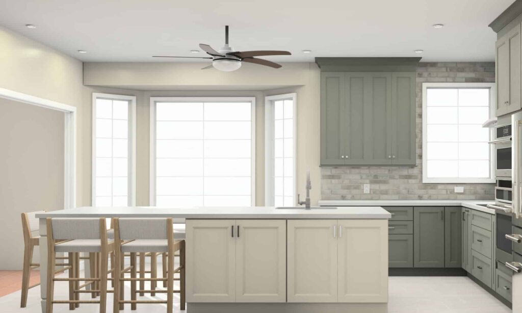 Photo-4 Modern kitchen with sage green and beige cabinets, a large island with bar stools, stainless steel appliances, and large windows letting in natural light. A ceiling fan is mounted above the island.