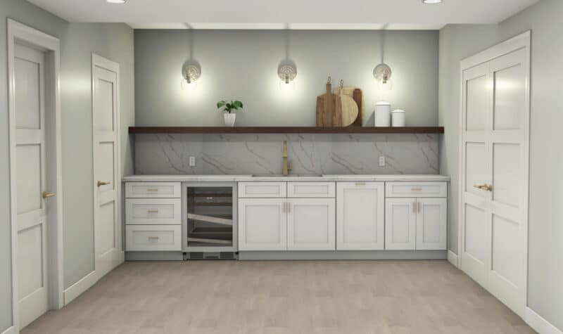 Modern kitchen with white cabinets, marble backsplash, and light wood flooring. There are three wall lights above a shelf holding plants, cutting boards, and jars. A wine fridge is built into the cabinetry.