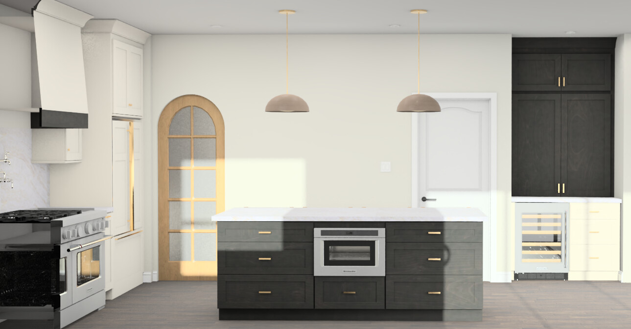 Modern kitchen with a central island, black and white cabinetry, a built-in oven, pendant lights, a stove on the left, and a glass-panel wooden door on the back wall. A white door and wine fridge are on the right.