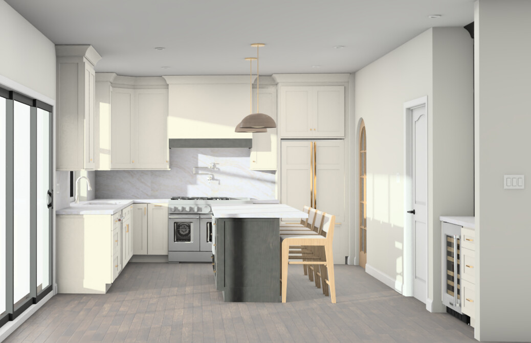 A modern kitchen with white cabinets, a gray island with two wooden bar stools, stainless steel appliances, pendant lights, and sliding glass doors letting in natural light.