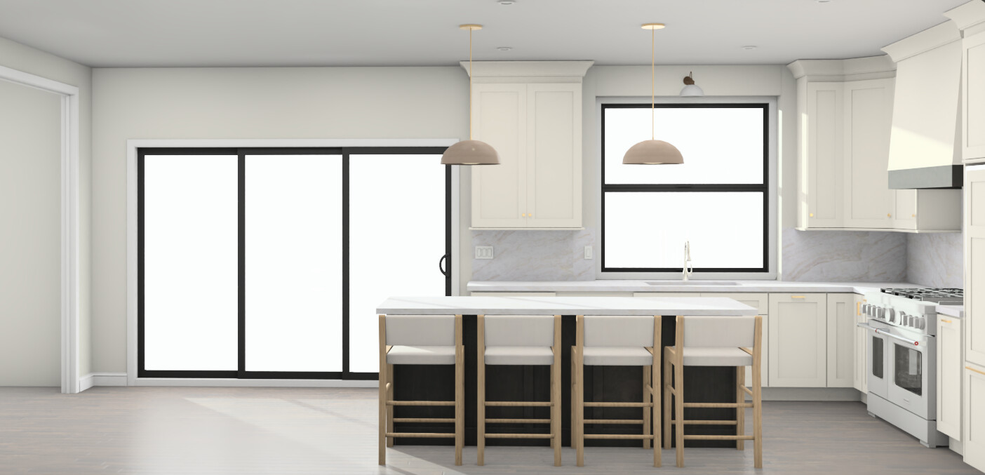 A modern kitchen with white cabinets, a large island with four bar stools, pendant lights above the island, a window over the sink, and large sliding glass doors letting in light.