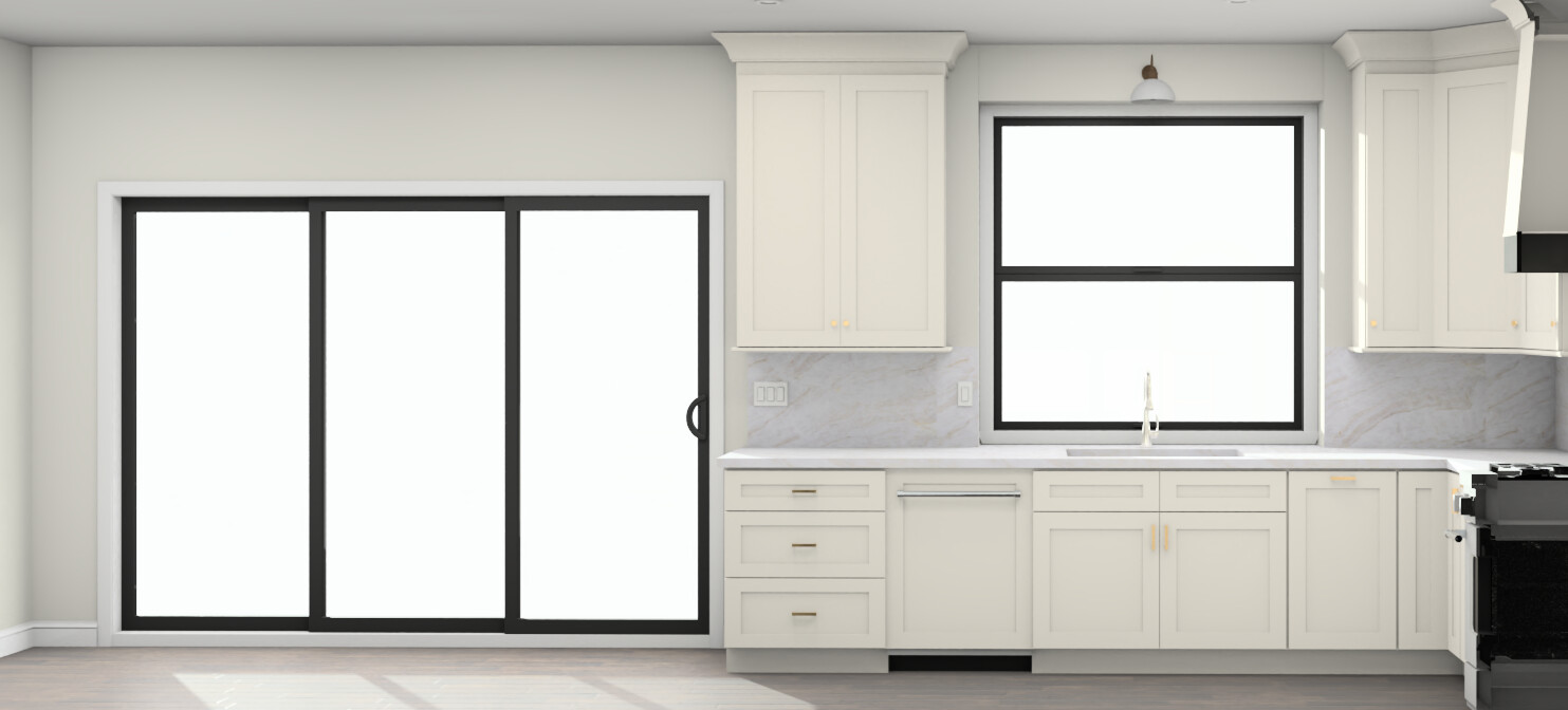A modern kitchen with white cabinets, a large window above the sink, a dishwasher, and a black stove. On the left, there are wide sliding glass doors letting in natural light. The walls and countertops are light-colored.