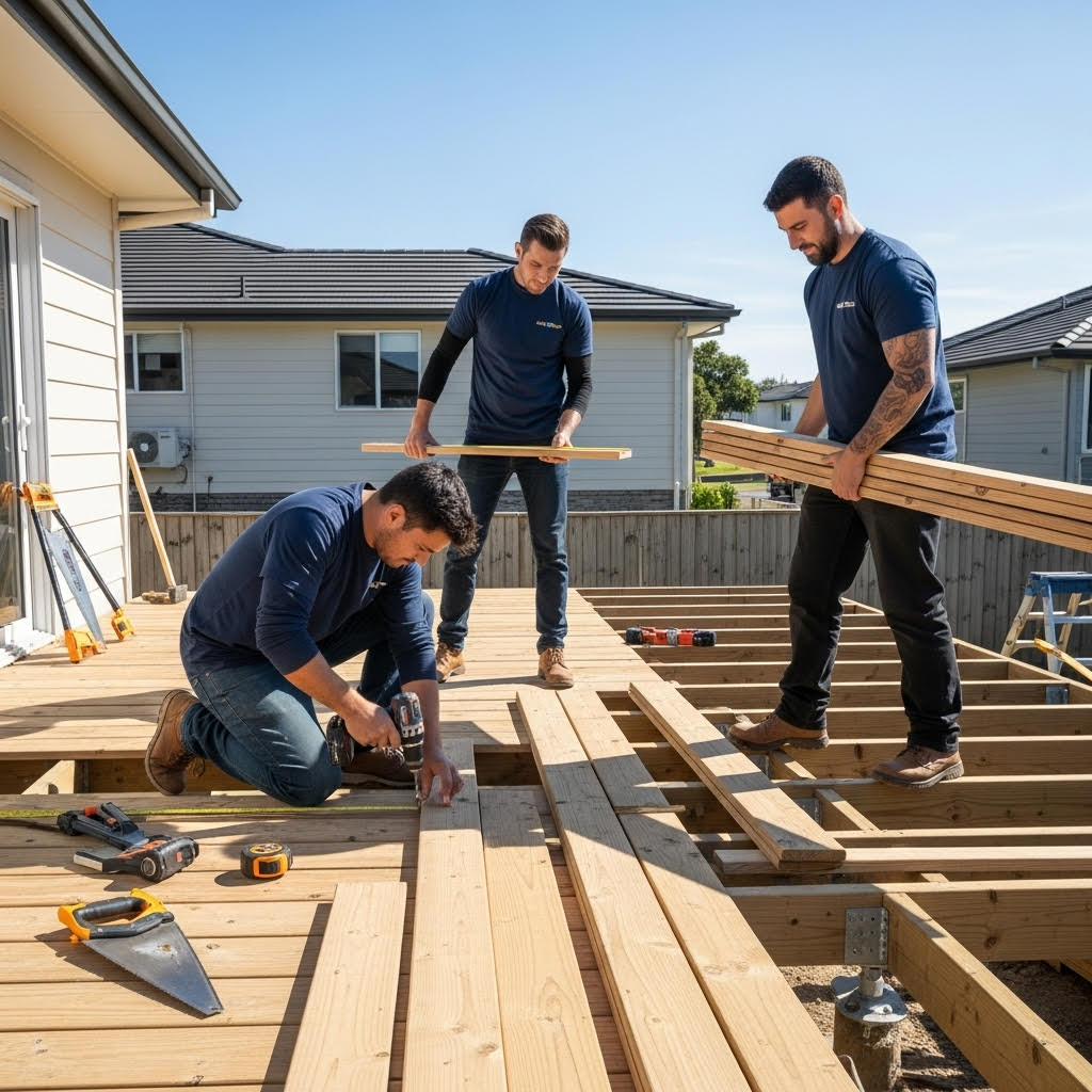 Three men in blue shirts work together building a wooden deck outside a house. One uses a power drill while the others hold and arrange wooden planks. Tools are scattered nearby on the unfinished deck.