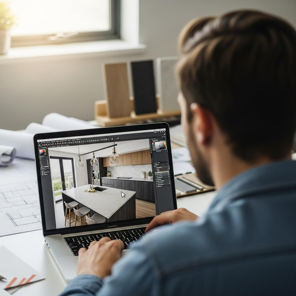 A man sits at a desk using a laptop to design a modern kitchen, with plans and material samples beside him. The laptop screen shows a 3D kitchen rendering with a large island and pendant lights.