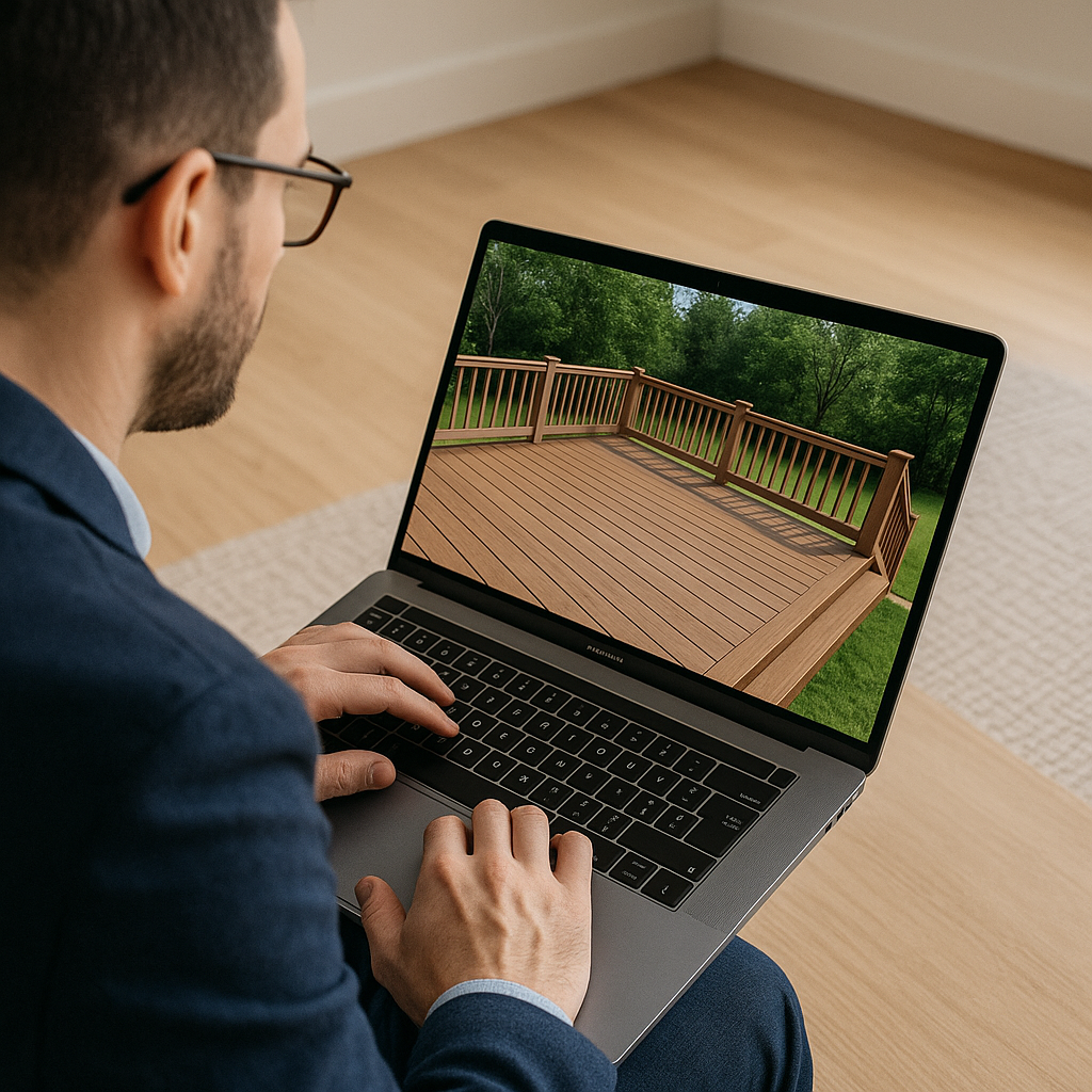 A man in a suit uses a laptop, viewing a 3D rendering of a wooden deck with railings, set outdoors with green trees in the background.