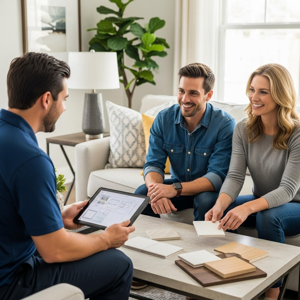 A man and woman smile while discussing home design options with a consultant, who shows them samples and a digital tablet at a table in a bright, modern living room.