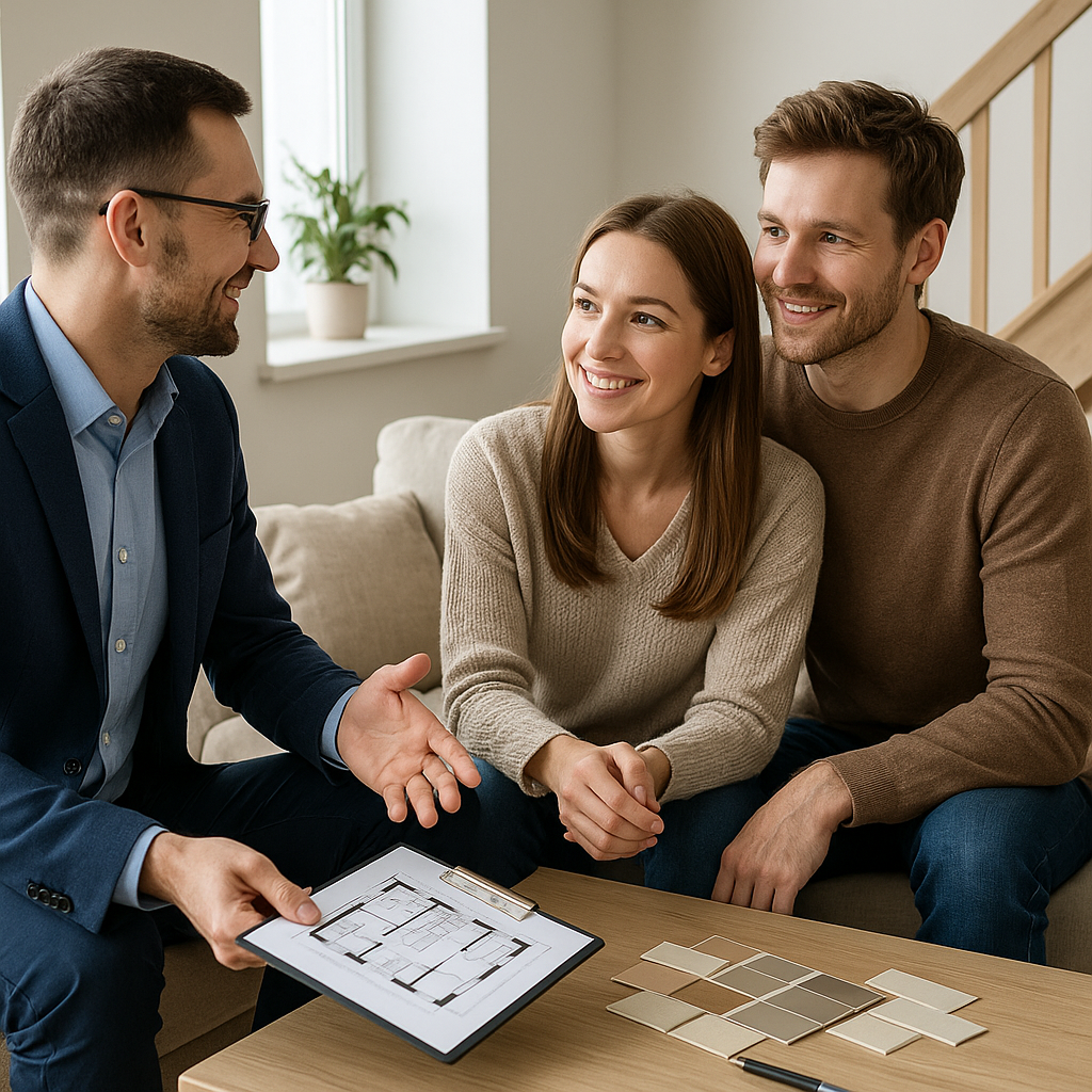 A man in a suit shows a floor plan to a smiling couple seated on a couch, with paint color samples spread out on the table in front of them in a bright, modern living room.