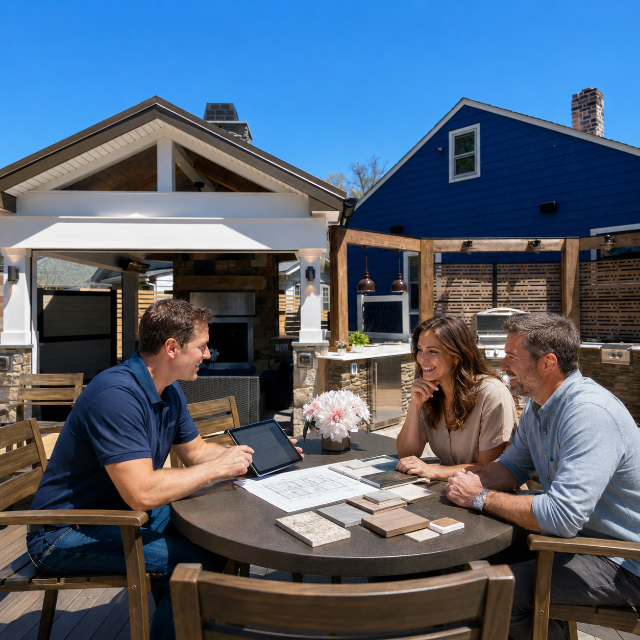 ChatGPT Image May 15 2026 02_36_19 PM | First State Building & Design Three adults sitting at an outdoor patio table discussing a home renovation, with swatches and a tablet on the table.
