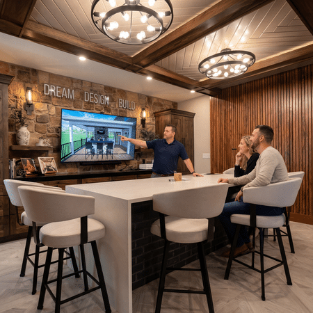 Man presenting at a white island table to two colleagues, pointing to a screen showing a modern home interior; 'DREAM DESIGN BUILD' on a stone wall.