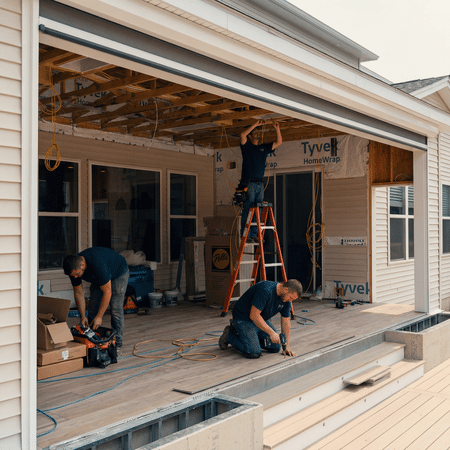 Three construction workers renovate a house interior; one on a ladder overhead, two kneeling with tools, exposed framing and Tyvek wrap visible on the walls.