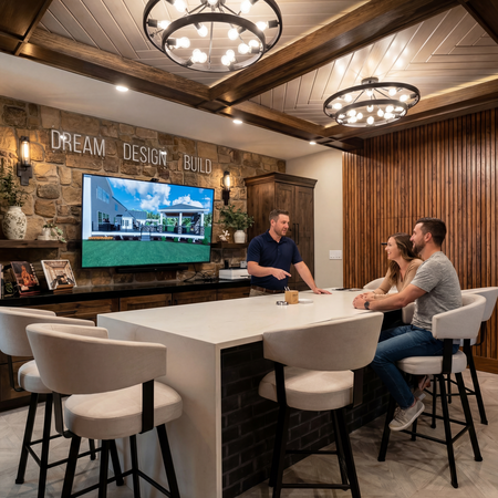 ddb-decks | First State Building & Design Designer explains a kitchen remodel to a couple at a modern showroom island, with a presentation screen displaying a house.