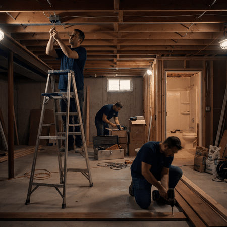 ddb-interior-basements-build | First State Building & Design Three construction workers renovate a basement: one on a ladder installing piping, another cutting lumber on the floor, and a third kneeling with wood boards nearby.