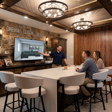 ddb-interior-basements-design | First State Building & Design Designer presents a 3D living room design on a wall screen to three clients gathered around a white island table in a warm, wood-accented showroom.