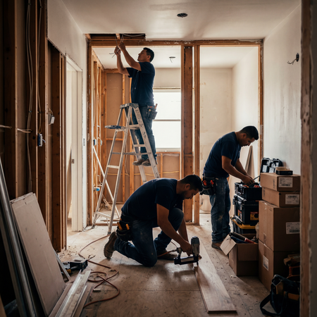 Three construction workers renovating a room: one on a ladder installing drywall, another kneeling with a tool, and a third at a toolbox near stacked boxes by daylight window edge.