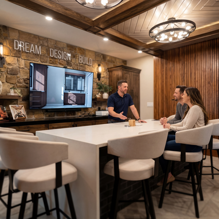 Three people converse with a designer at a white bar-height table in a rustic studio; wall reads 'DREAM DESIGN BUILD' and a screen shows a room model.
