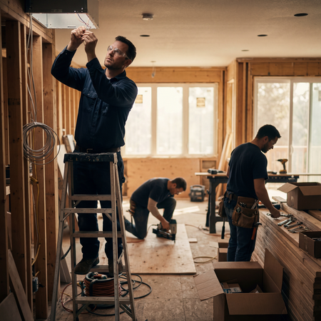 Three construction workers in a partially built wooden room: one on a ladder wiring an overhead box while two others cut and assemble at the floor and workbench.
