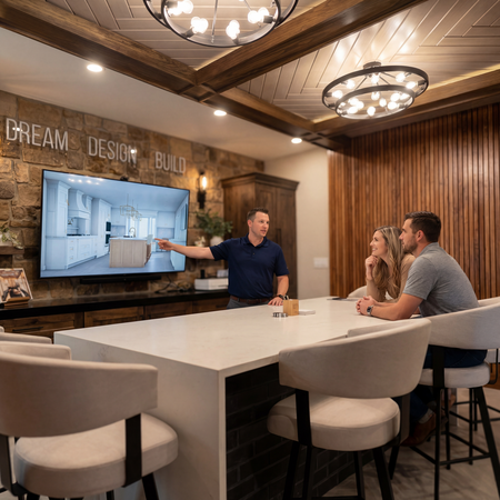 Designer presents a kitchen plan on a wall screen to a couple seated at a white marble island in a showroom; 'DREAM DESIGN BUILD' is visible on the wall.