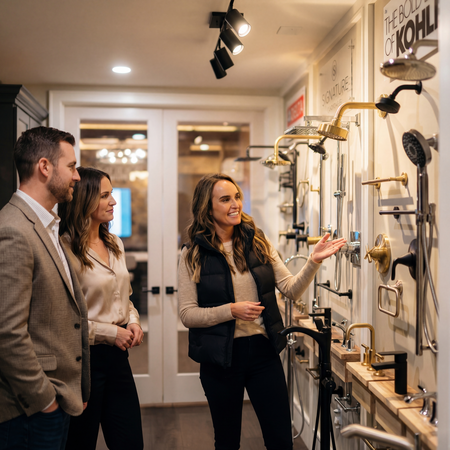 Three adults in a showroom examining a wall of showerheads and fixtures, with one woman gesturing toward a display.
