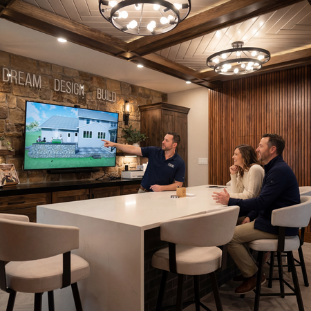 Designer pointing at a house image on a wall-mounted screen while a couple watches in a modern showroom marked by 'DREAM DESIGN BUILD' on a stone wall.