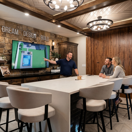 ddb-pools | First State Building & Design Man explains a design on a wall-mounted screen to two clients at a white countertop in a modern showroom with 'DREAM DESIGN BUILD' signage above.