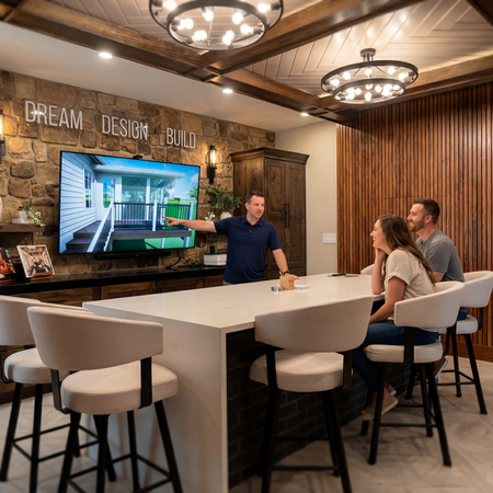 Designer presents a home renovation plan on a wall-mounted screen to two clients at a white island in a showroom with a stone wall and the words 'DREAM DESIGN BUILD' visible above.