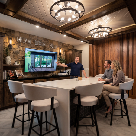 ddb-sunrooms | First State Building & Design Presenter shows a backyard design on a wall screen to two clients at a white island in a showroom with stone wall and round chandeliers.